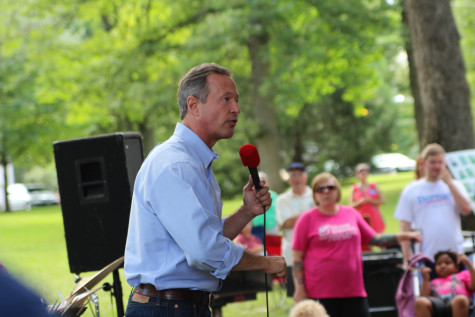 O'Malley speaking at City Park in Iowa City.