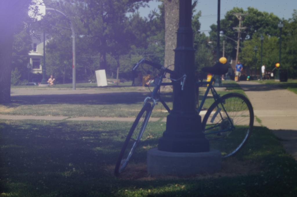 A bicycle sits locked to a lamp post in College Green Park in downtown Iowa City. Photo by Eli Shepherd.