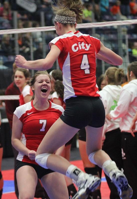 City girls react to winning a match at the state tournament last year. (Photo by Della Nuno)