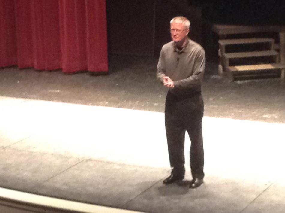 Bigler's father speaks in Opstad Auditorium on the dangers of drunk driving.