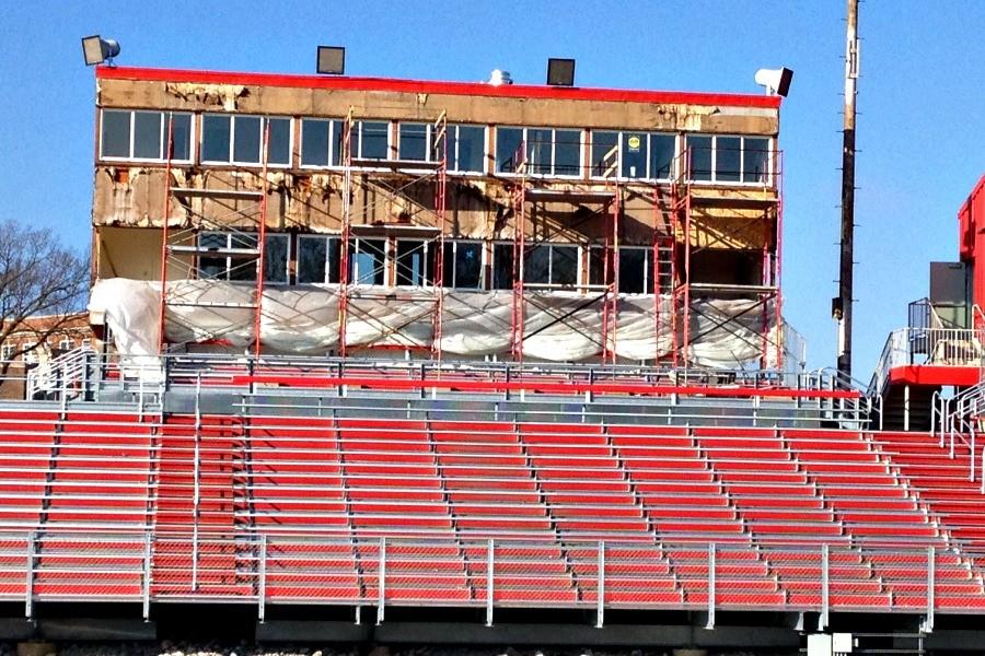 Construction continues on the old press box over Bates Field. 