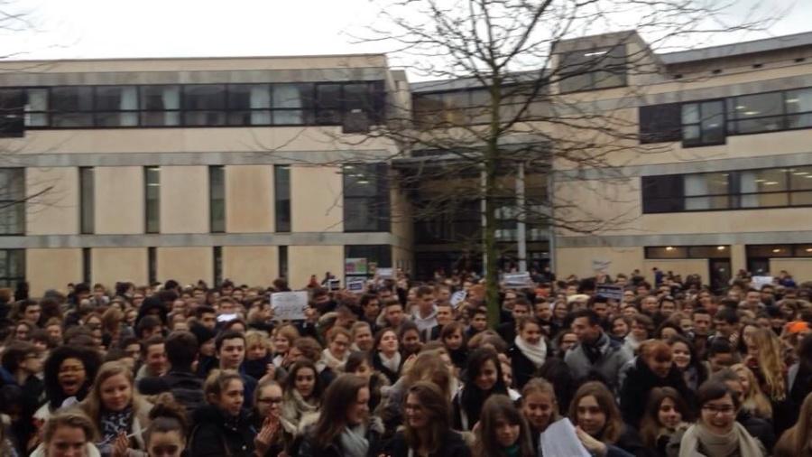 French students protest anti-expression terrorist attacks. High school students rallied in Meaux.