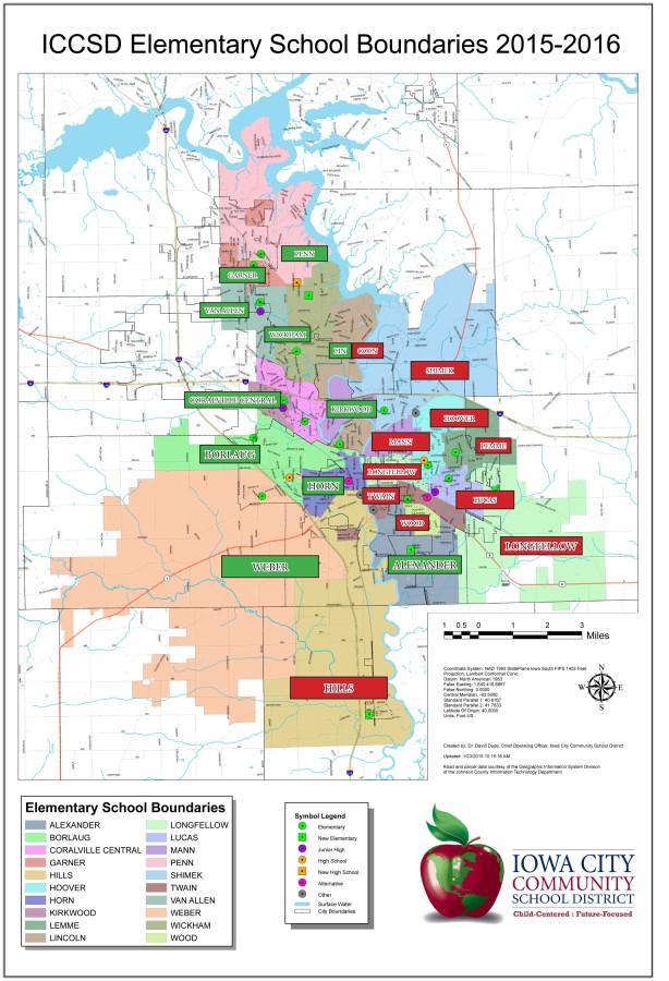 ICCSD District Boundaries for 2015-16.  Green names of elementary schools have been added for West High elementary schools and red boxes for City High elementary schools by The Little Hawk