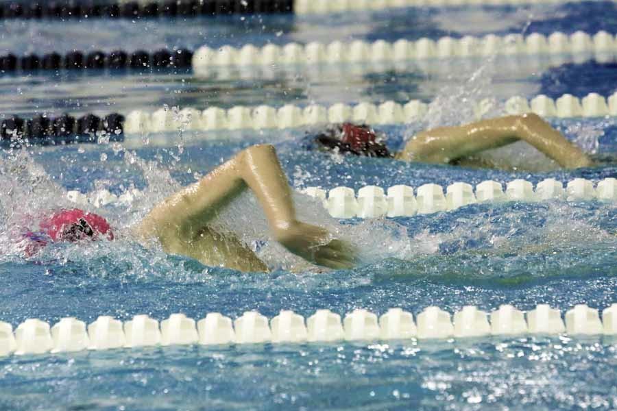 Swimmers compete for first place.