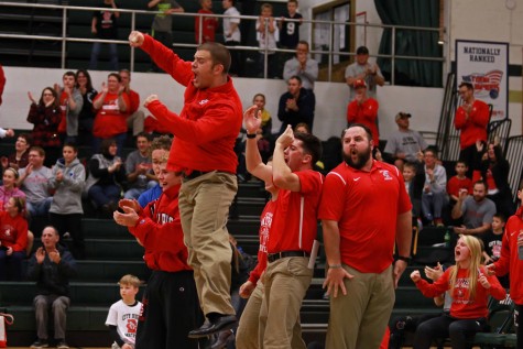 Coach Connell celebrates following the pin by Daniel Kelly '16 at West.
