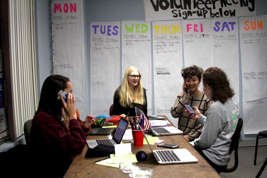 Making phone calls is an inherent part of political volunteering for Sonali Durharm '16, Liza Casella '16, Maya Durham '19, and Lottie Gidal '19. Here, they call Bernie Sanders supporters to make sure they will be caucusing on February 1st.