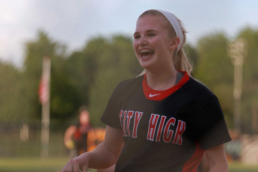 Gabi Hiatt '17 celebrates after striking out a Cedar Falls player at the top of the 7th inning to win (14-12) in game one on May 24th, 2016 at City High.