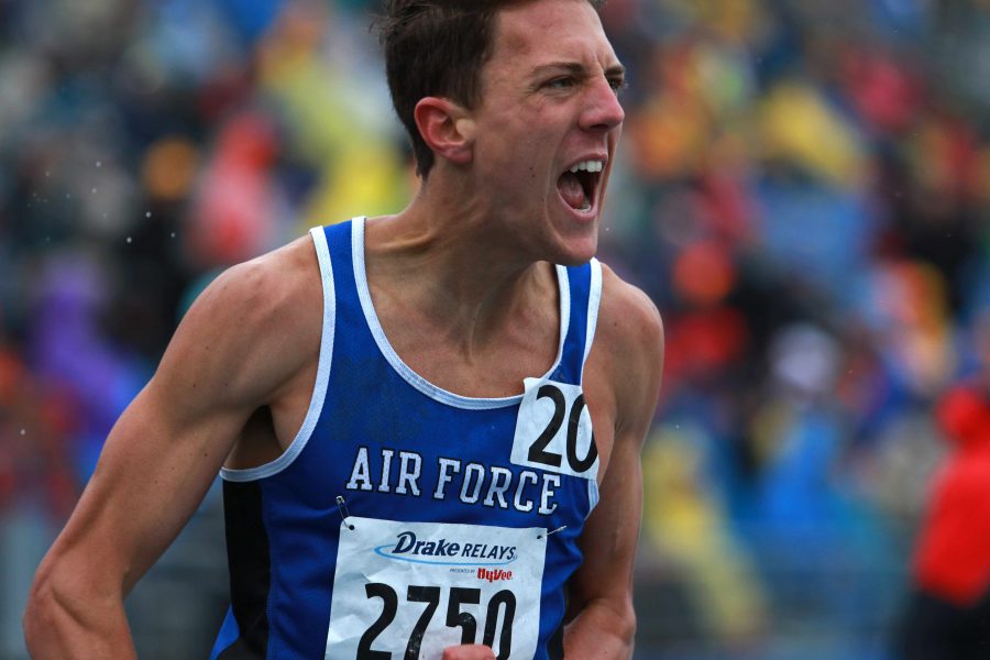 Air Forces Patrick Corona celebrates following his final race for Air Force before graduating the academy. 