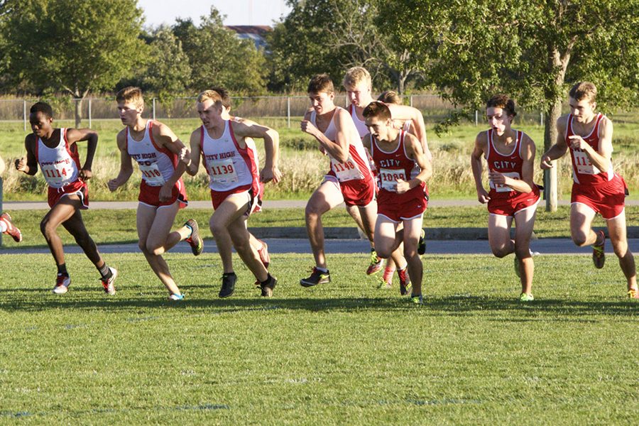 The start of the boys varsity race at Kickers soccer complex 