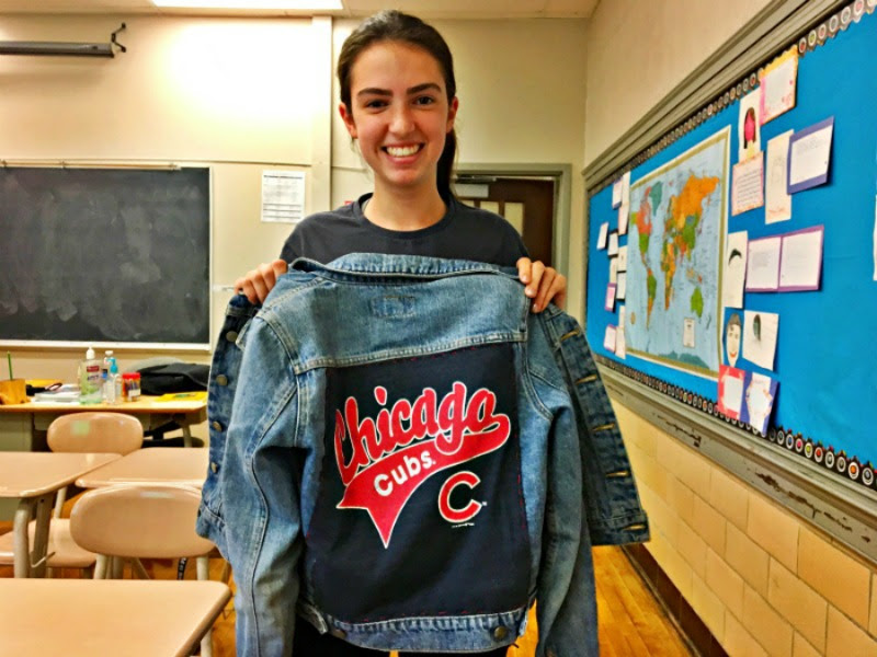 Anna Denniston 18 shows off her Chicago Cubs jacket. 