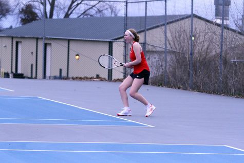 Lucy Wagner 17 celebrates after scoring a point against a Jefferson player on Tuesday, April 4th.