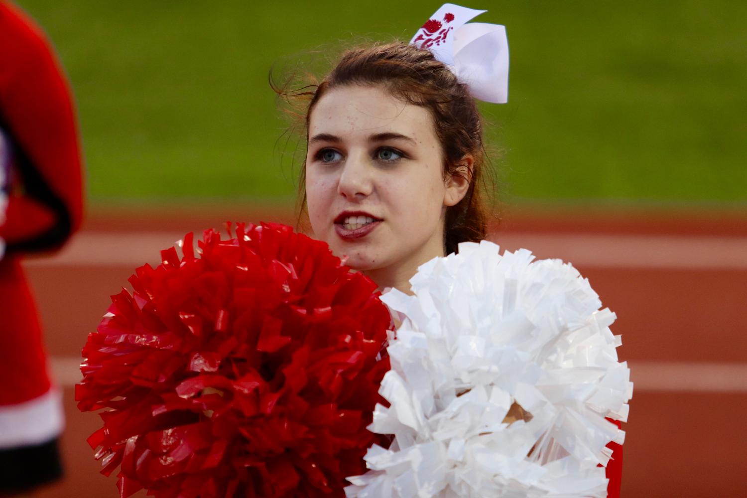 Jamie Dykes 19 cheers on the Little Hawks during their game against Linn-Mar Friday night. 