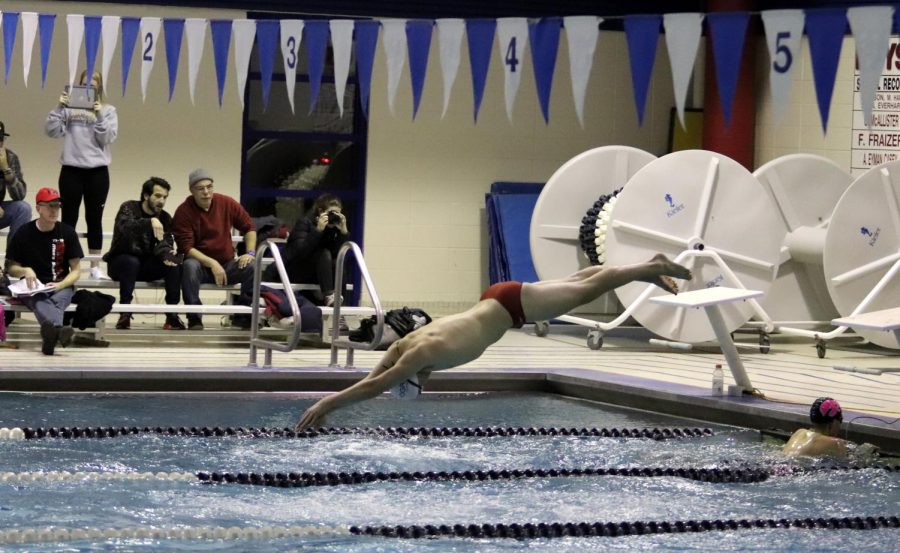 Ivan Johnson 18 dives in a relay during the Linn-Mar meet