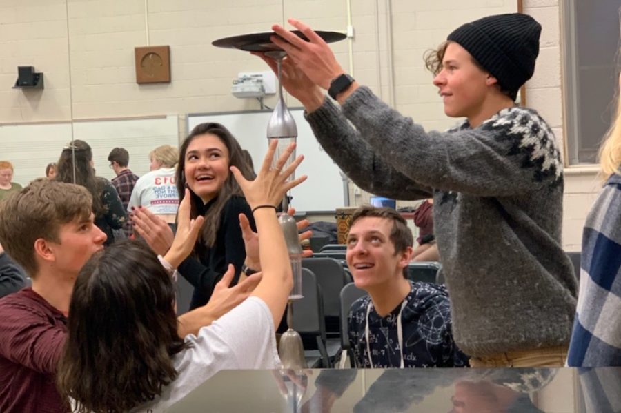 Ensemble members collaborate for a dance number at one of the first rehearsals.