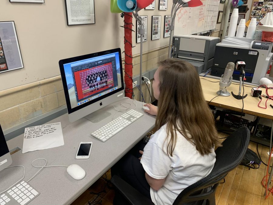 Eva Bailey works on the final pages of the 2018-19 Red and White yearbook.
