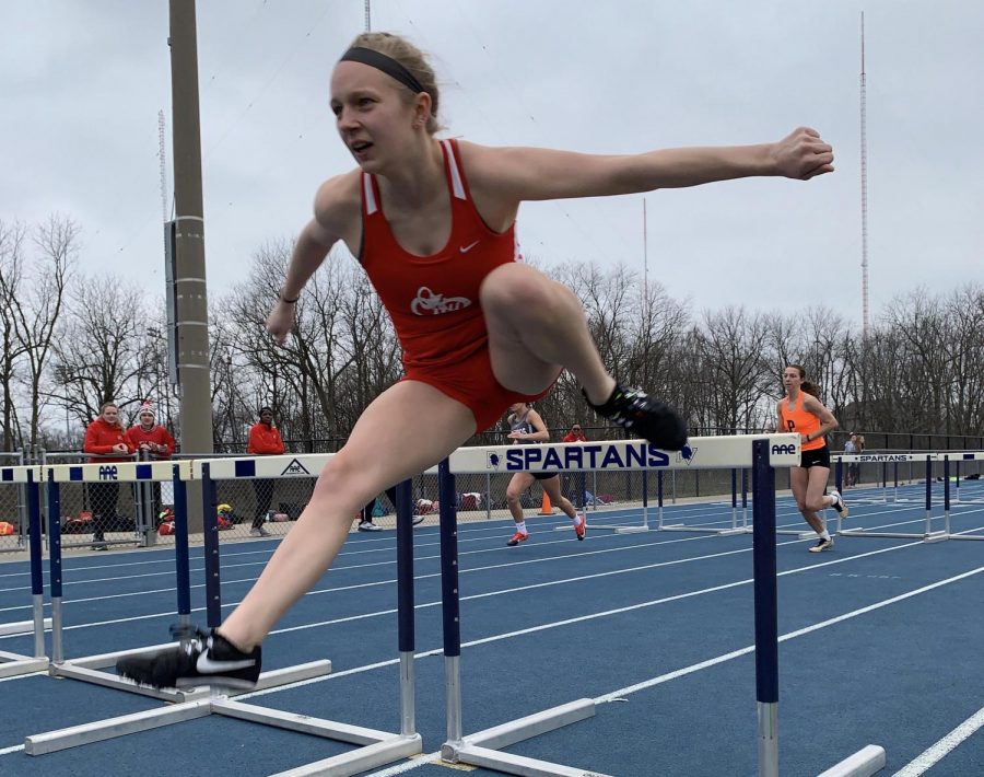 Jordan Sekafetz 21 racing the 100 meter hurdles on April 5, 2019 during her sophomore track season.