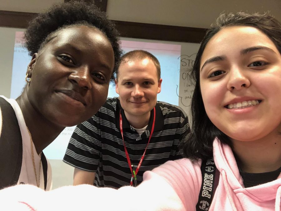 Millie Garcia and Cecile Bendera take a selfie with Mr. Lala. 