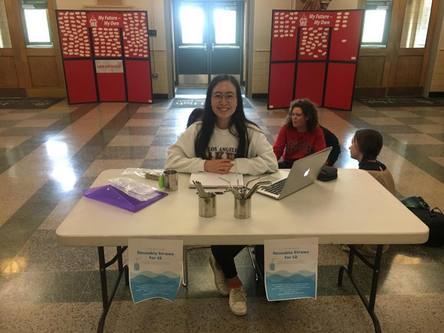 Michelle Tran-Duong 19 selling reusable straws in the main foyer.
