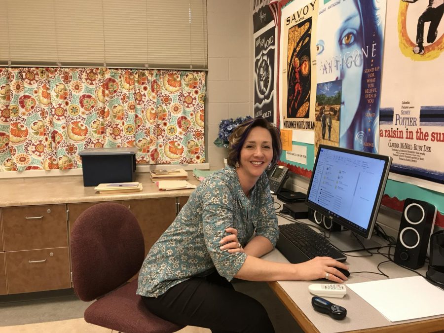 Mrs. Peters, seen here in her English classroom, also teaches public speaking and is the drama department director.