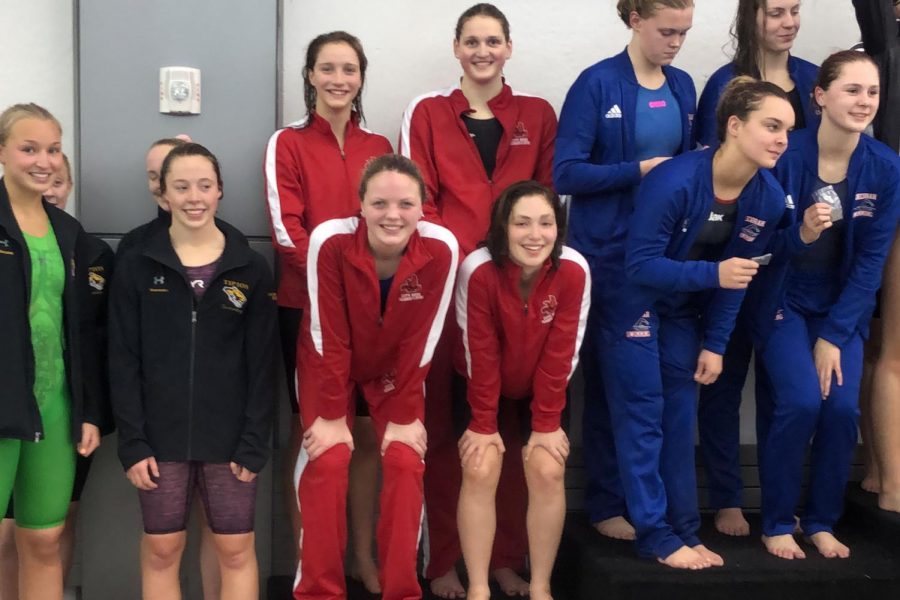 The 400 freestyle relay of Trinity Sadecky 20, Averi Loria 22, Jesse Hausknecht-Brown 21 and Julianne Berry-Stolezle 21 placed 4th and qualified for state