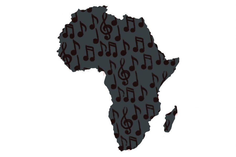 Music in-placed inside the shape of Africa to show that musical sounds and talents that come out of the continent.