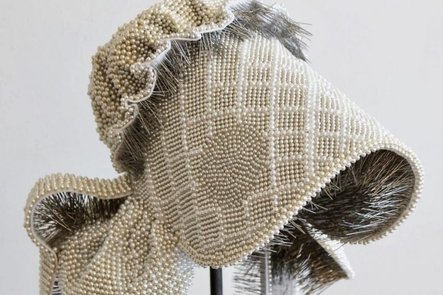 Angela Ellsworths beaded bonnet art piece.