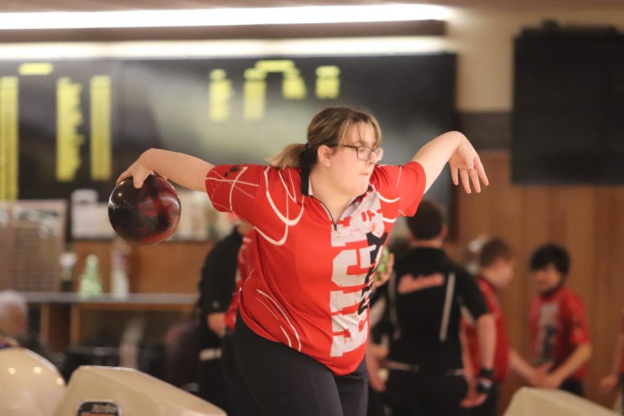 Carlie Prymek 21 bowls with the Varsity Girls team during a meet against Western Dubuque on Thursday, December 12. 