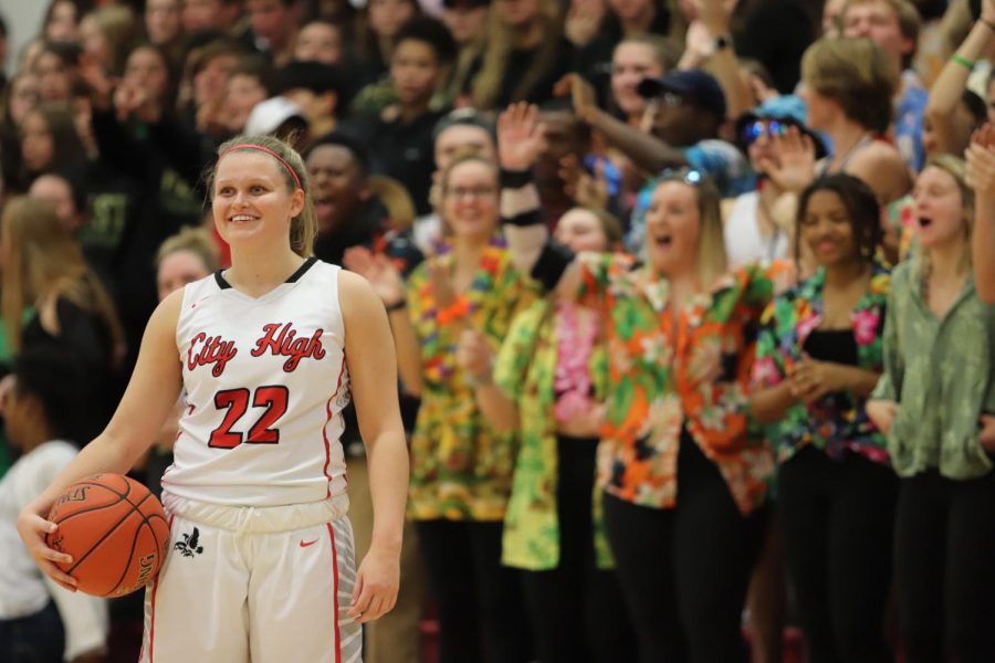 Paige Rocca 20 takes a second to smile during last seconds of the West High Game. 