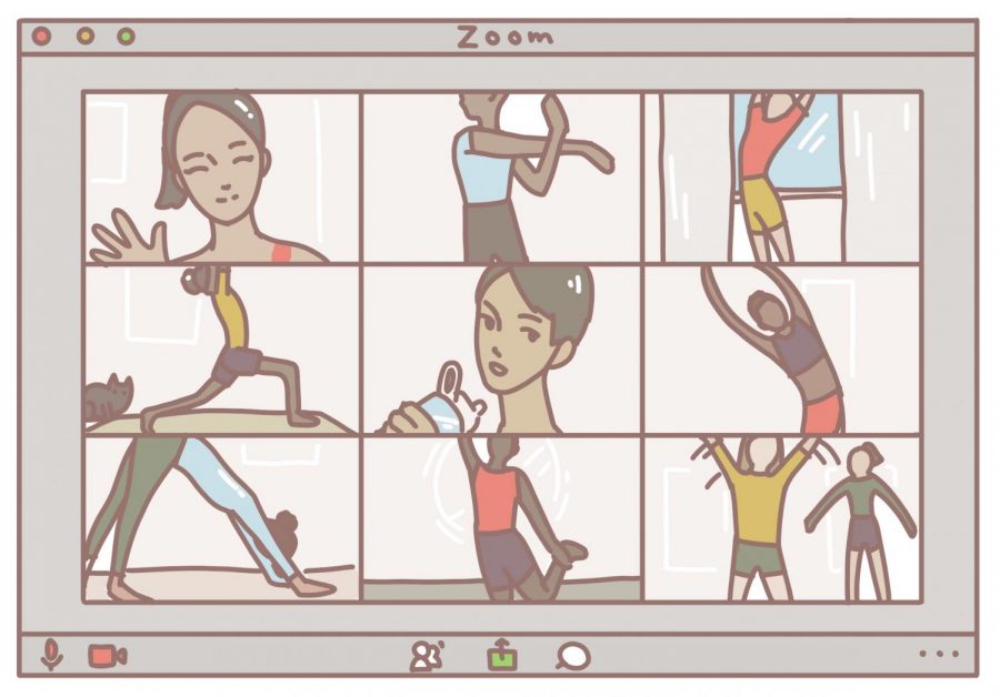 This art represents athletes working out at home while being connected through Zoom.