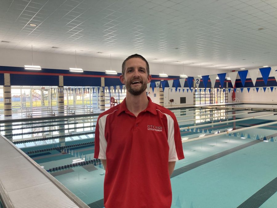 City High Swimming and Diving Head Coach Zane Hugo poses at Mercer on the last day of practice before the 2020 Regional meet.