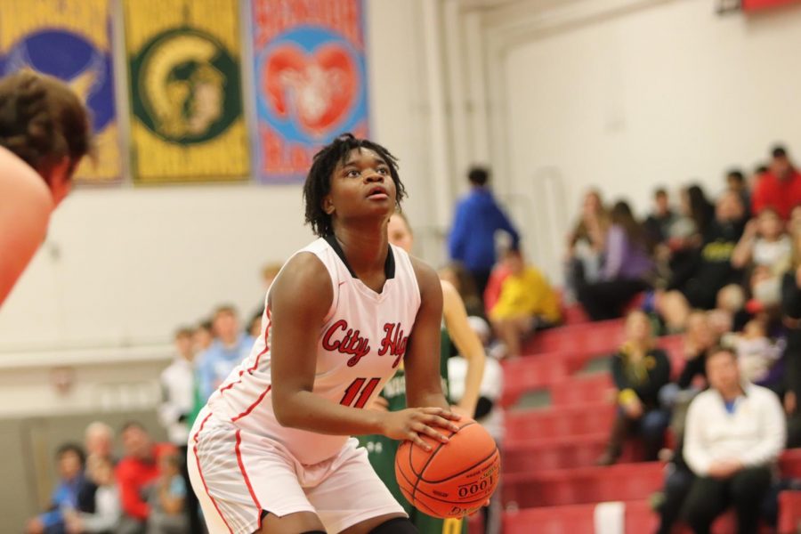 Evion Richardson 22 winding up to shoot in a game against Dubuque Hempstead.