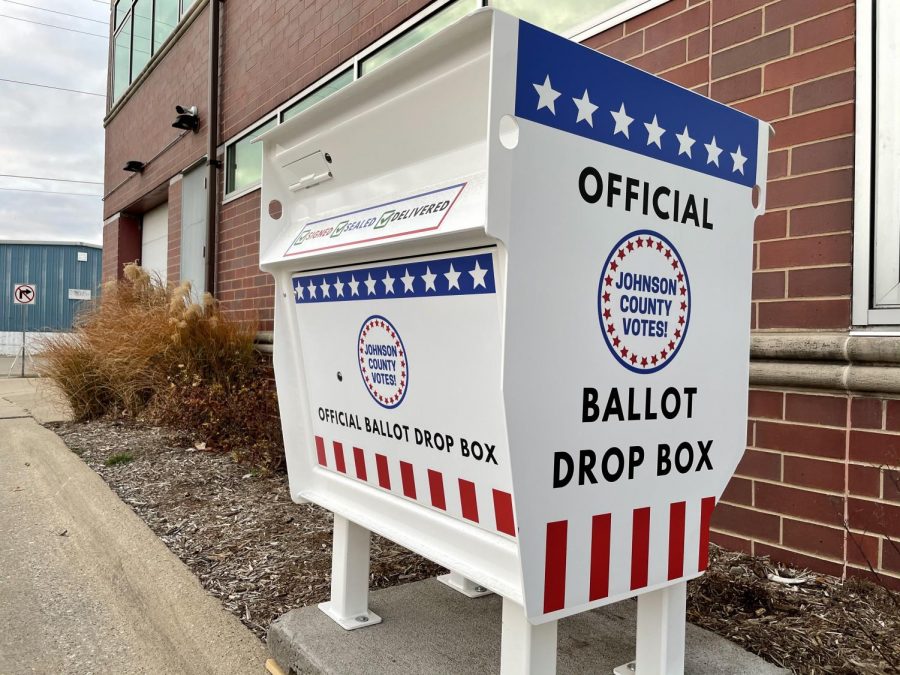 An official ballot drop box outside of the Johnson County Administration Building.