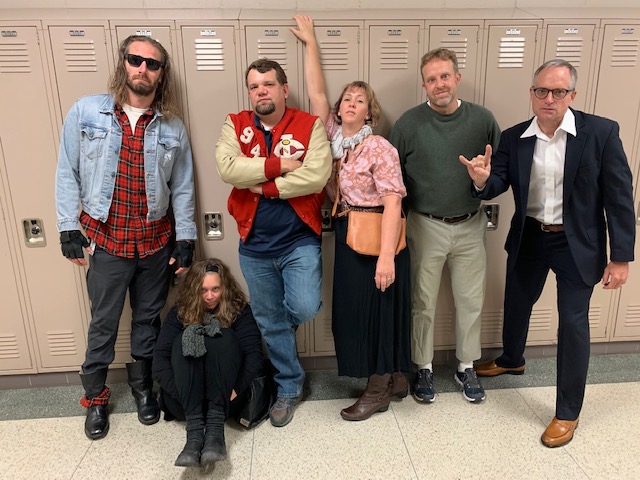 Travis Carlson, Carrie Watson, Nathan Hellwig, Havilah Peters, Jason Schumann, and Steve Dodge dress up as The Breakfast Club for movie charater day. Photo courtesy of Havilah Peters.