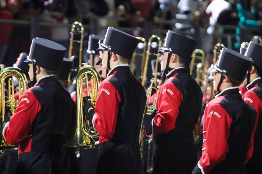 The+trombone+section+of+the+City+High+Marching+Band+prepares+to+perform.+
