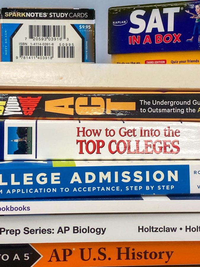 AP and College Preparation textbooks displayed in the library for student use. 