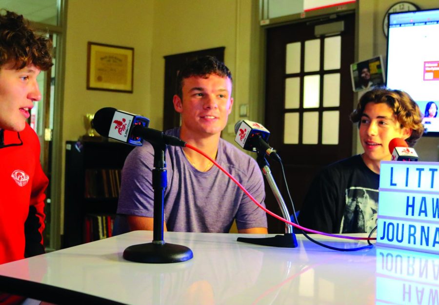 Aaron Stalkfleet, Jacob Williamson, and Ben Horiwitz record a recent LH Sports Pod in room 2109.