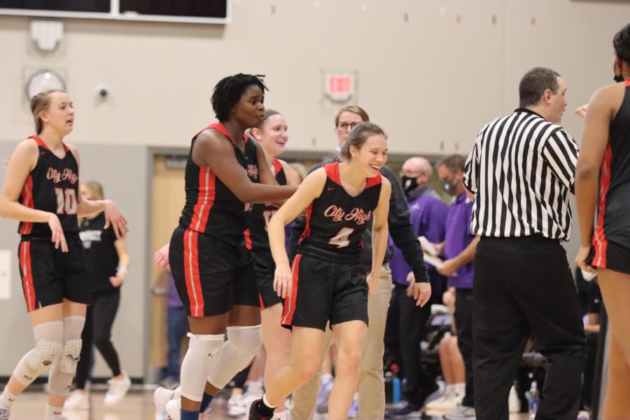 Georgia+Kimm+22+and+Eviyon+Richardson+22+celebrate+their+win+against+Liberty+in+overtime.