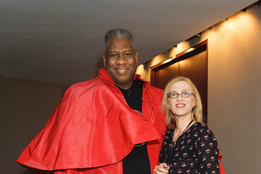  Talley in one of his signature capes, next to the director of the Fashion Institute of Technology, Valerie Steele