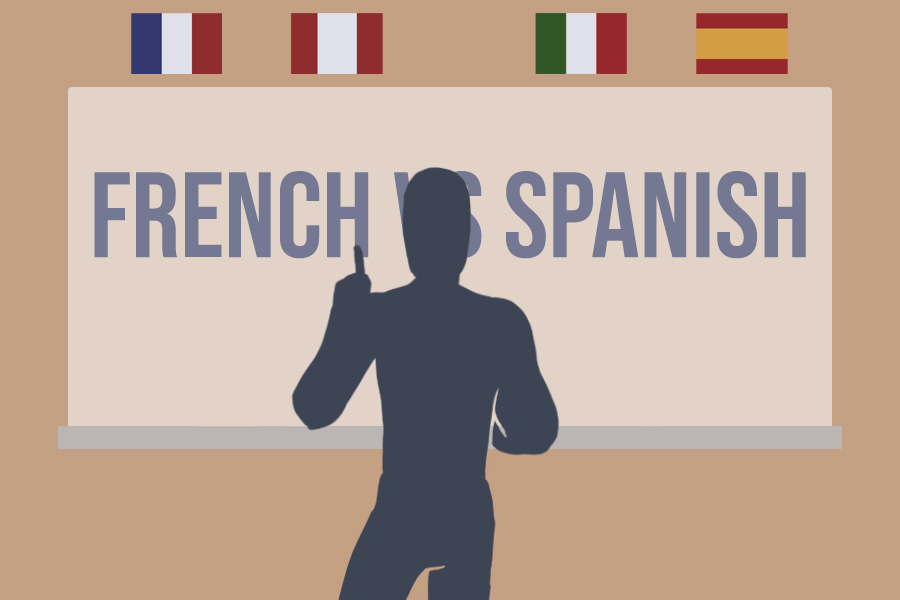 The barrier between French and Spanish depicted on a bulletin board behind a teacher, is drawn and created digitally.