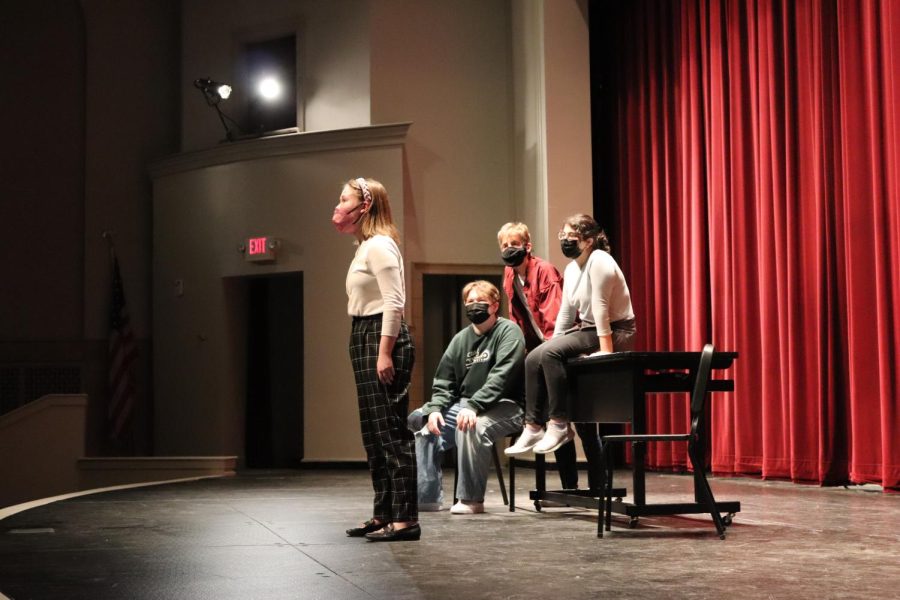 Esther Puderbaugh 25 performs solo during musical theatre act [title of show] with castmates Jared Moninger 23, Charles Faden 22, and Abril Hamity 25.