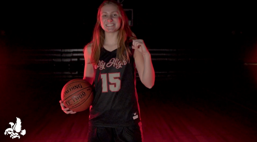 Andie Westlake 22 poses during the filming of the new pre-game introduction video, a senior member of the Varsity Girls Basketball Team.