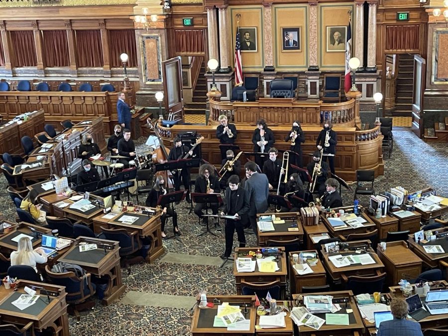 The City High Jazz Ensemble performs one of their charts on the floor of the Iowa House Chamber.