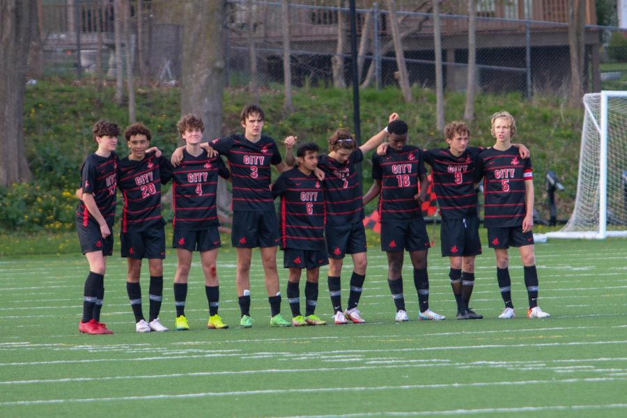 The City High mens soccer team before a regular season match against Prairie.