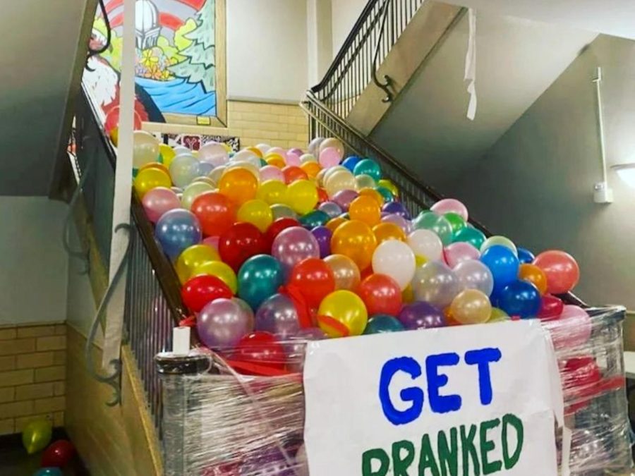 Balloons in the main foyer as part of the 2022 senior prank