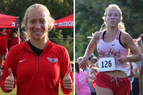 Iris Wedemeyer before and after the Spartan Challenge cross country meet.
