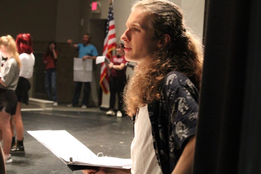 Ethan Hill 24 waits for his cue during rehearsal for Peter and the Starcatcher.