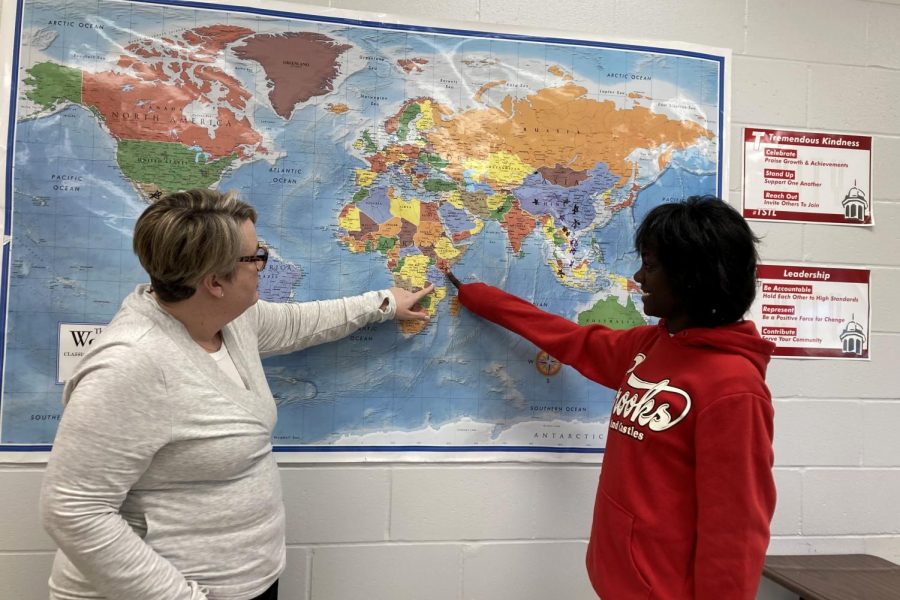 Judith Dickson and Esther Oyunge ‘25. Dickson has led her students through more than a thousand years of world history over the past eight months. 