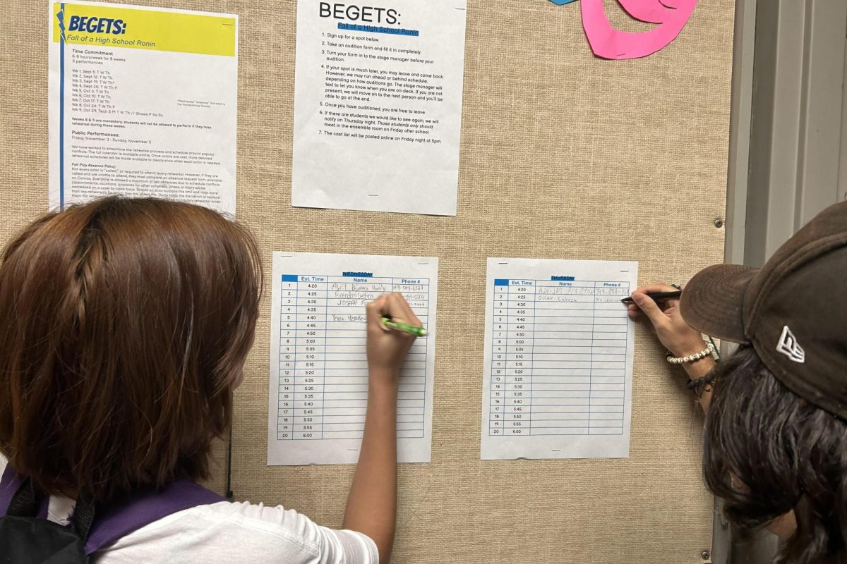 Students sign up for audition times for the play.