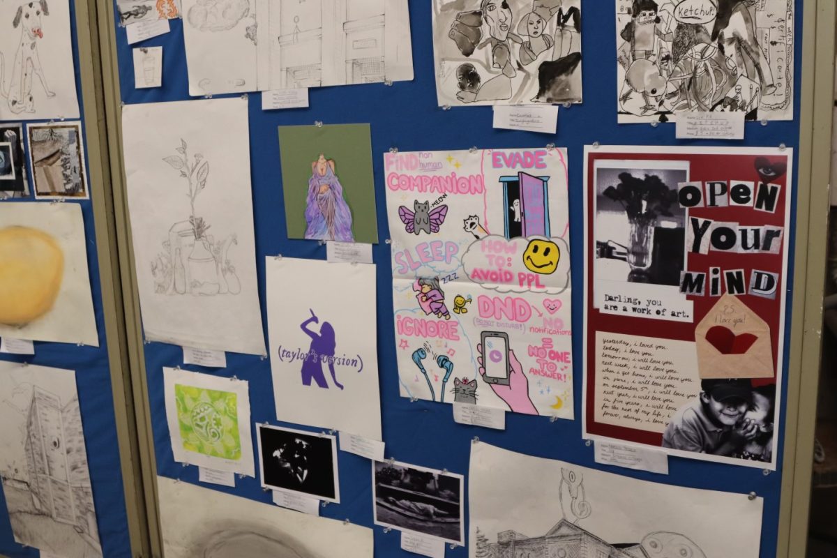 Student-made prints on display during the art show