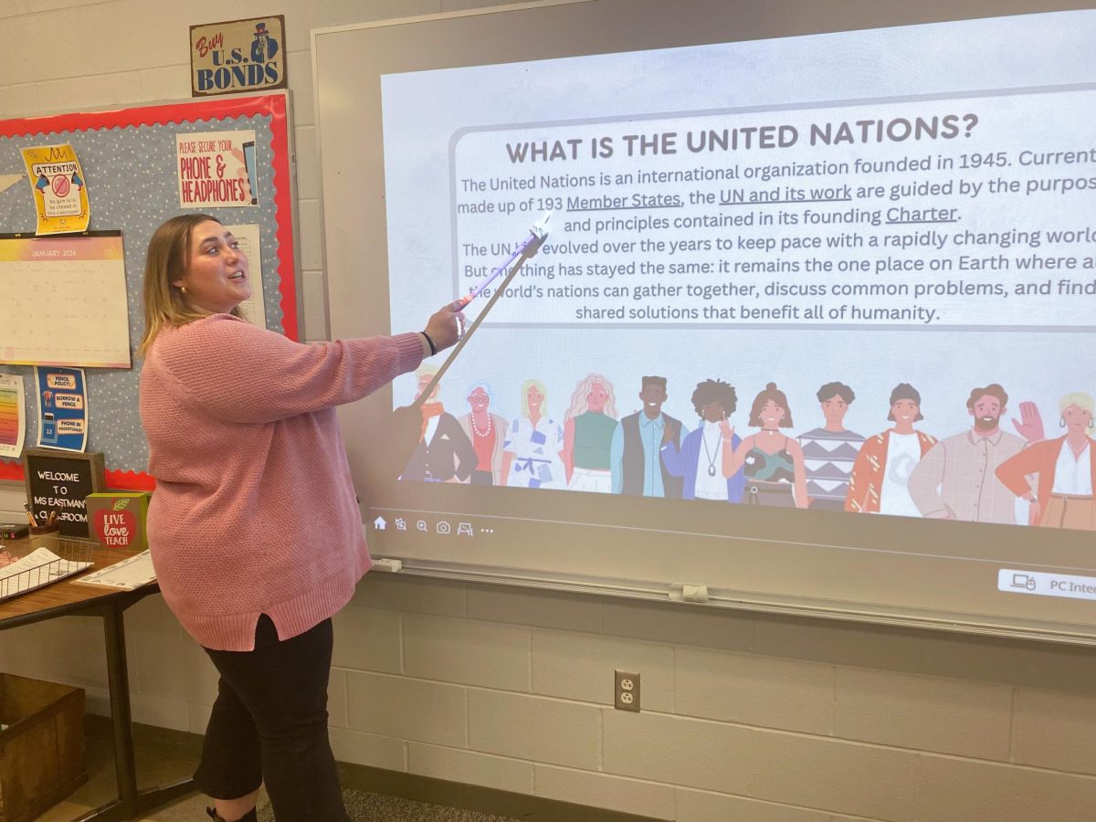 Ms. Eastman presents to students at a Model UN meeting